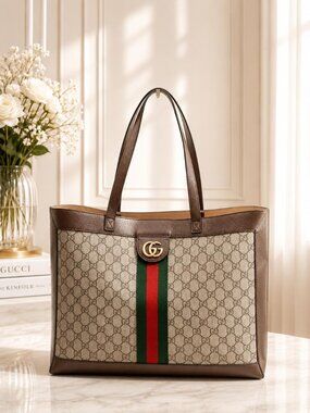 Authentic Gucci Ophidia GG Supreme Canvas Large Tote Bag Web Stripe Shoulder Bag